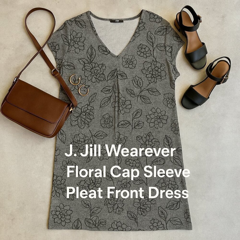 J. Jill Wearever Black Gray Floral Cap Sleeve Pleat V-Neck Dress Petite Medium - Picture 10 of 10
